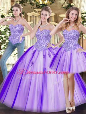 Lavender Ball Gowns Sweetheart Sleeveless Tulle Floor Length Lace Up Beading Quinceanera Gown
