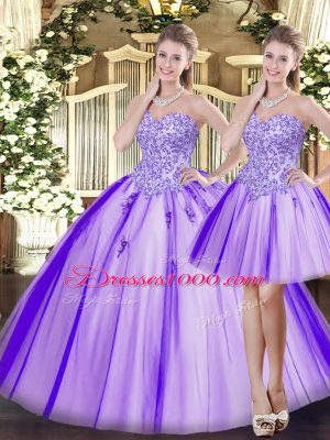 Lavender Ball Gowns Sweetheart Sleeveless Tulle Floor Length Lace Up Beading Quinceanera Gown