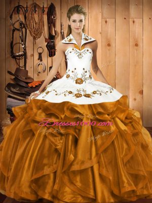 Brown Sleeveless Floor Length Embroidery and Ruffles Lace Up Sweet 16 Quinceanera Dress