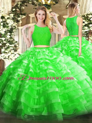 Green Sleeveless Organza Zipper Ball Gown Prom Dress for Military Ball and Sweet 16 and Quinceanera