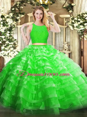 Green Sleeveless Organza Zipper Ball Gown Prom Dress for Military Ball and Sweet 16 and Quinceanera
