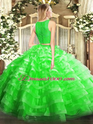 Green Sleeveless Organza Zipper Ball Gown Prom Dress for Military Ball and Sweet 16 and Quinceanera