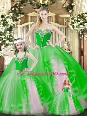Green Sleeveless Floor Length Beading and Ruffles Lace Up Sweet 16 Dress