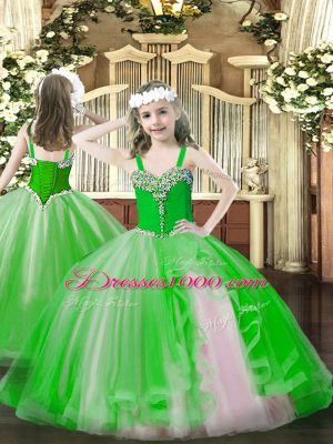 Green Sleeveless Floor Length Beading and Ruffles Lace Up Sweet 16 Dress