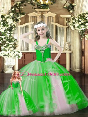 Green Sleeveless Floor Length Beading and Ruffles Lace Up Sweet 16 Dress