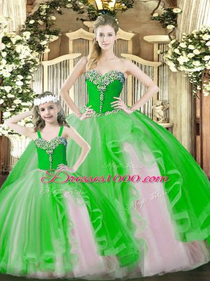 Green Sleeveless Floor Length Beading and Ruffles Lace Up Sweet 16 Dress