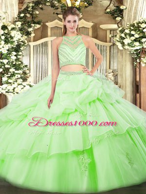 Yellow Green Vestidos de Quinceanera Military Ball and Sweet 16 and Quinceanera with Ruffles Scoop Sleeveless Zipper
