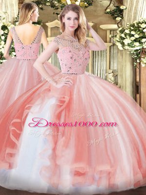 Sophisticated Sleeveless Tulle Floor Length Zipper Sweet 16 Dress in Peach with Beading and Ruffles