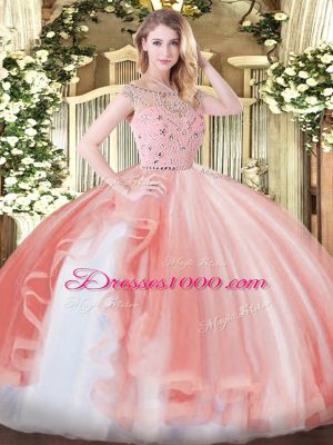 Sophisticated Sleeveless Tulle Floor Length Zipper Sweet 16 Dress in Peach with Beading and Ruffles