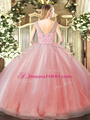 Sophisticated Sleeveless Tulle Floor Length Zipper Sweet 16 Dress in Peach with Beading and Ruffles