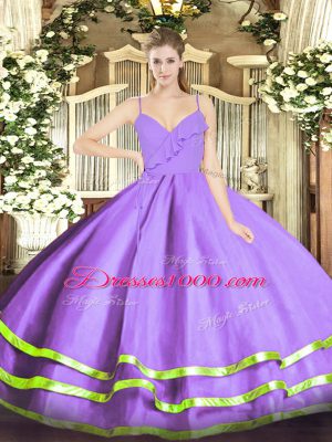 Lavender Quinceanera Dress Military Ball and Sweet 16 and Quinceanera with Ruffled Layers Spaghetti Straps Sleeveless Zipper