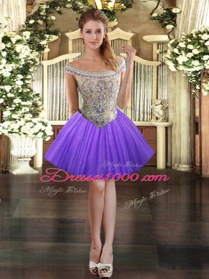High End Lavender Ball Gowns Beading Prom Evening Gown Lace Up Tulle Sleeveless Mini Length