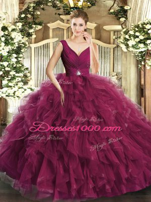 Dynamic Fuchsia Organza Backless Quinceanera Dresses Sleeveless Floor Length Beading and Ruffles