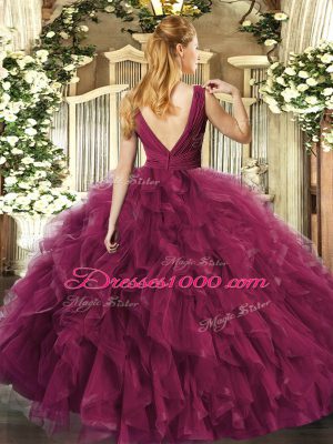 Dynamic Fuchsia Organza Backless Quinceanera Dresses Sleeveless Floor Length Beading and Ruffles