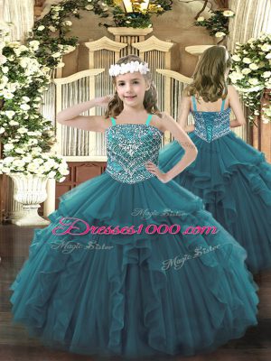 Teal Organza Lace Up Ball Gown Prom Dress Sleeveless Floor Length Beading and Ruffles