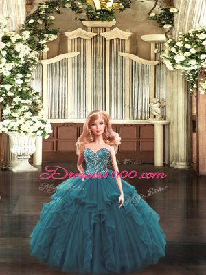 Teal Organza Lace Up Ball Gown Prom Dress Sleeveless Floor Length Beading and Ruffles