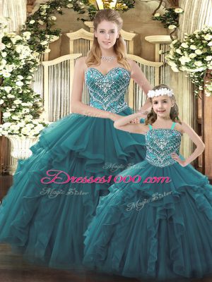 Teal Organza Lace Up Ball Gown Prom Dress Sleeveless Floor Length Beading and Ruffles