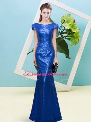 Adorable Royal Blue Zipper Homecoming Dress Sequins Cap Sleeves Floor Length