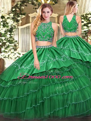 Amazing Green Two Pieces Beading and Embroidery and Ruffled Layers Sweet 16 Dresses Zipper Tulle Sleeveless Floor Length