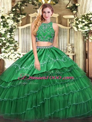 Amazing Green Two Pieces Beading and Embroidery and Ruffled Layers Sweet 16 Dresses Zipper Tulle Sleeveless Floor Length