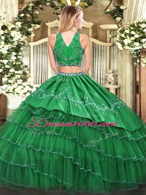 Amazing Green Two Pieces Beading and Embroidery and Ruffled Layers Sweet 16 Dresses Zipper Tulle Sleeveless Floor Length