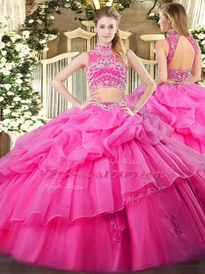 Hot Pink Two Pieces Beading and Ruffles and Pick Ups Vestidos de Quinceanera Backless Tulle Sleeveless Floor Length
