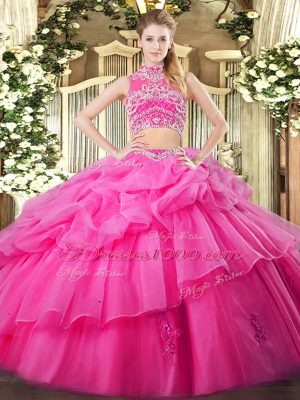 Hot Pink Two Pieces Beading and Ruffles and Pick Ups Vestidos de Quinceanera Backless Tulle Sleeveless Floor Length