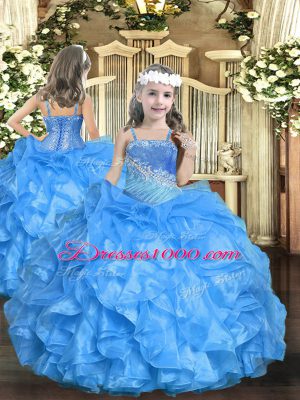 Baby Blue Little Girl Pageant Gowns Party and Sweet 16 and Quinceanera and Wedding Party with Beading and Ruffled Layers Straps Sleeveless Lace Up