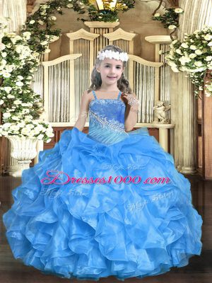 Baby Blue Little Girl Pageant Gowns Party and Sweet 16 and Quinceanera and Wedding Party with Beading and Ruffled Layers Straps Sleeveless Lace Up