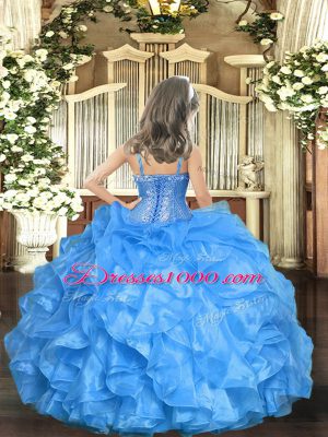 Baby Blue Little Girl Pageant Gowns Party and Sweet 16 and Quinceanera and Wedding Party with Beading and Ruffled Layers Straps Sleeveless Lace Up