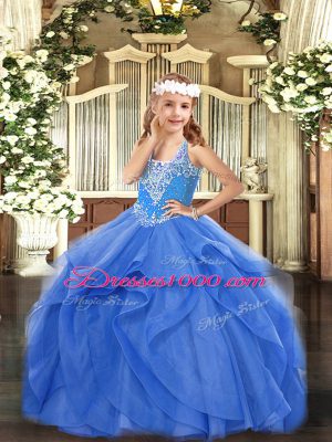 Tulle Sleeveless Floor Length Pageant Gowns For Girls and Beading and Ruffles