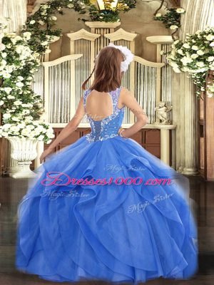 Tulle Sleeveless Floor Length Pageant Gowns For Girls and Beading and Ruffles