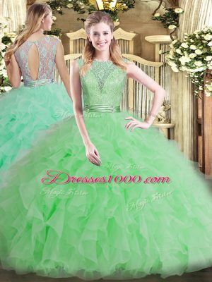 Spectacular Apple Green Backless Scoop Beading and Ruffles Quinceanera Dresses Tulle Sleeveless