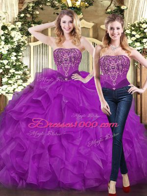 Decent Purple Ball Gowns Organza Sweetheart Sleeveless Beading and Ruffles Floor Length Lace Up Sweet 16 Dresses