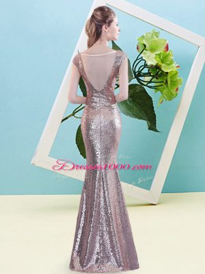 Modest Yellow Green Zipper V-neck Sequins Evening Dress Sequined Cap Sleeves