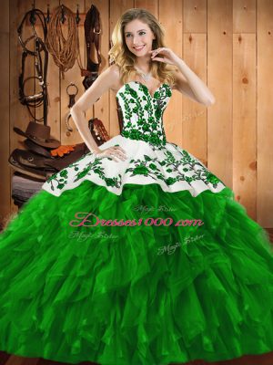 Glamorous Floor Length Green Ball Gown Prom Dress Satin and Organza Sleeveless Embroidery and Ruffles