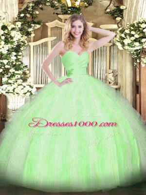 Sleeveless Organza Floor Length Lace Up Quince Ball Gowns in with Beading and Ruffles