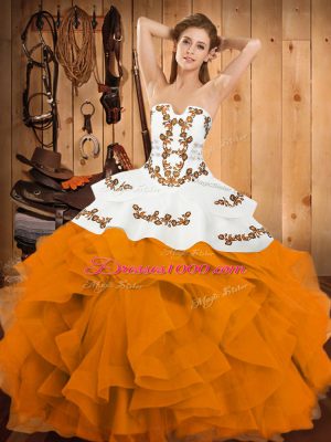 Gold Lace Up Quince Ball Gowns Embroidery and Ruffles Sleeveless Floor Length