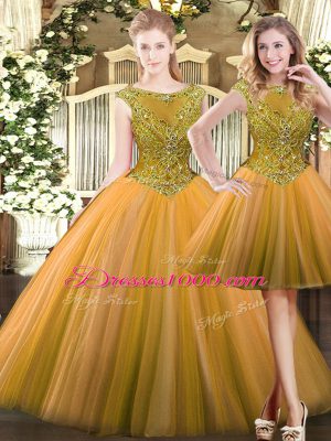 Fancy Floor Length Olive Green Sweet 16 Dress Tulle Sleeveless Beading
