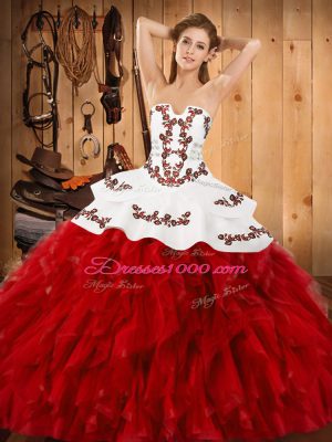 Wine Red Satin and Organza Lace Up 15th Birthday Dress Sleeveless Floor Length Embroidery and Ruffles