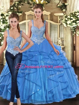 Perfect Aqua Blue Quinceanera Gowns Military Ball and Sweet 16 and Quinceanera with Beading and Ruffles Straps Sleeveless Lace Up