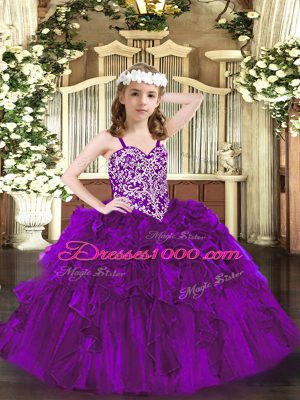 Fantastic Purple Organza Lace Up Pageant Dress Wholesale Sleeveless Floor Length Beading and Ruffles