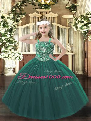 Admirable Dark Green Tulle Lace Up Straps Sleeveless Floor Length Kids Formal Wear Beading