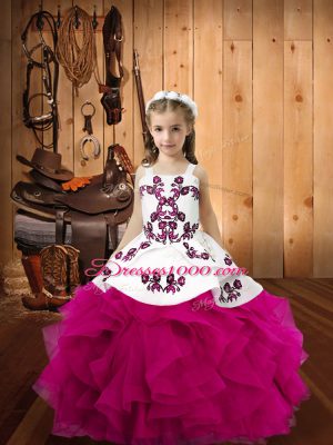 Fuchsia Sleeveless Floor Length Embroidery and Ruffles Lace Up Pageant Dresses