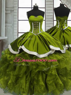 Custom Designed Floor Length Olive Green Sweet 16 Quinceanera Dress Organza Sleeveless Beading and Ruffles