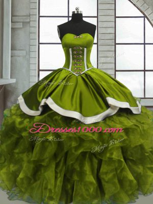 Custom Designed Floor Length Olive Green Sweet 16 Quinceanera Dress Organza Sleeveless Beading and Ruffles