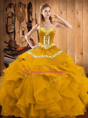Designer Gold Satin and Organza Lace Up Quinceanera Gown Sleeveless Floor Length Embroidery and Ruffles