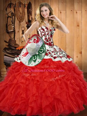 Floor Length Red Vestidos de Quinceanera Tulle Sleeveless Embroidery and Ruffles