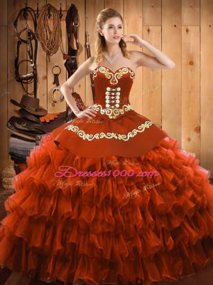 Sweetheart Sleeveless Quince Ball Gowns Floor Length Embroidery and Ruffled Layers Rust Red Satin and Organza