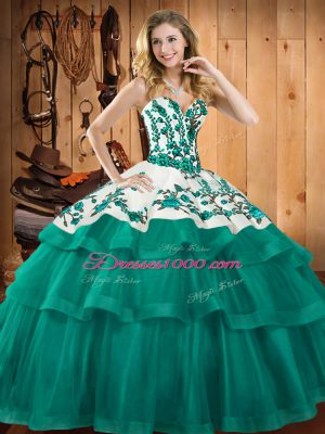 Turquoise Ball Gowns Embroidery Sweet 16 Dresses Lace Up Organza Sleeveless